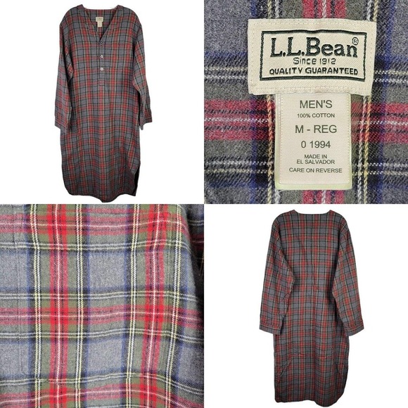 L.L. Bean Tops - Vintage LL Bean Night Shirt Adult Medium Red Plaid Sleep Gown Flannel Mens PJs